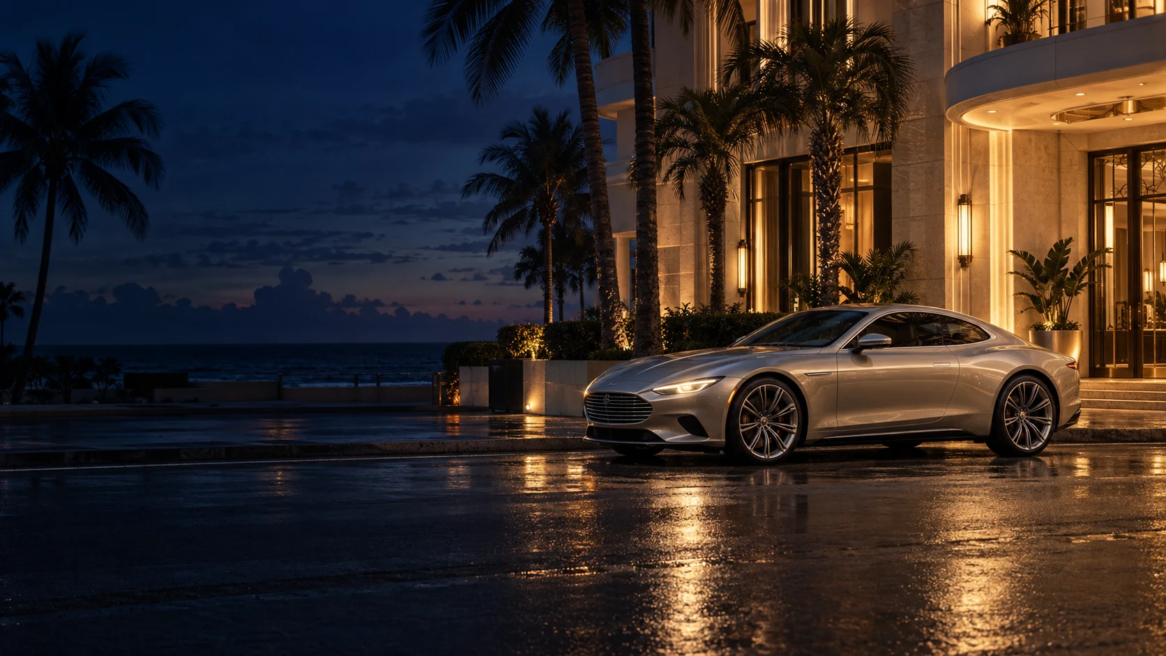 Concept art: a silver coupe outside a palm-lined coastal hotel at blue hour