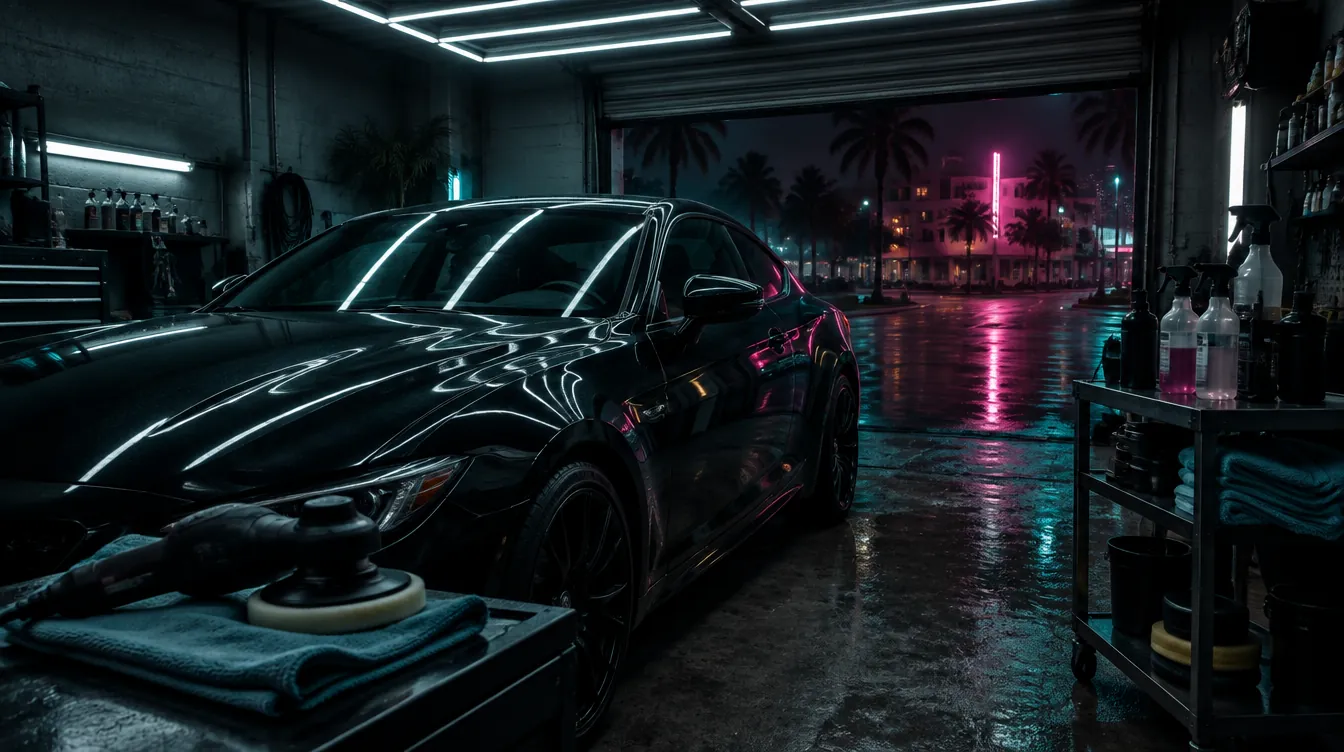 Concept scene: a dark coupe under LED panels in a small detailing garage after midnight, a polisher on a towel