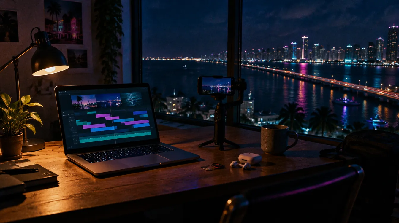 Concept scene: a laptop editing timeline and a phone on a gimbal by a window over the bay at night