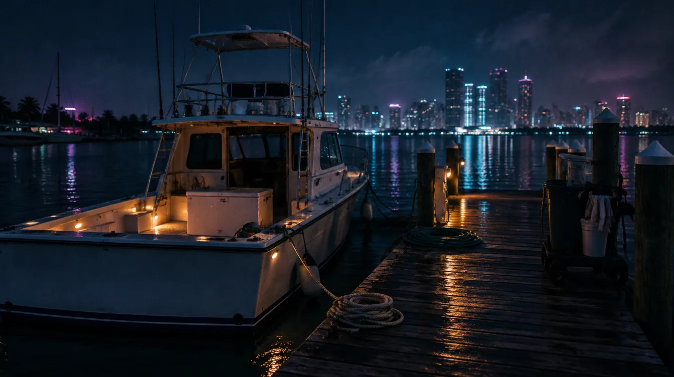 Concept scene: a charter boat tied at a wet wooden dock at night, the skyline across the bay