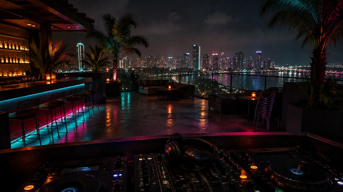 Concept scene: an empty rooftop lounge before opening, a DJ booth from behind and the city lights below