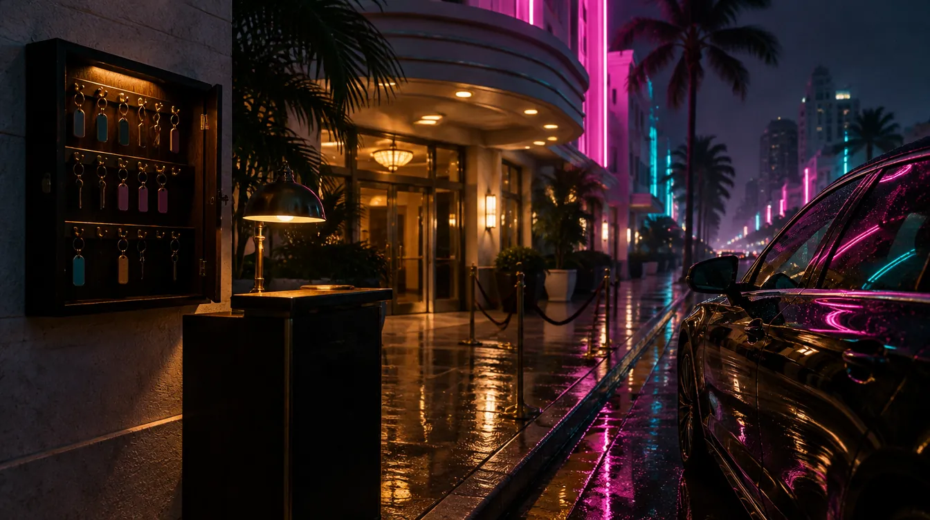 Concept scene: a valet key cabinet and podium outside an Art Deco hotel at night, a dark car reflecting pink neon