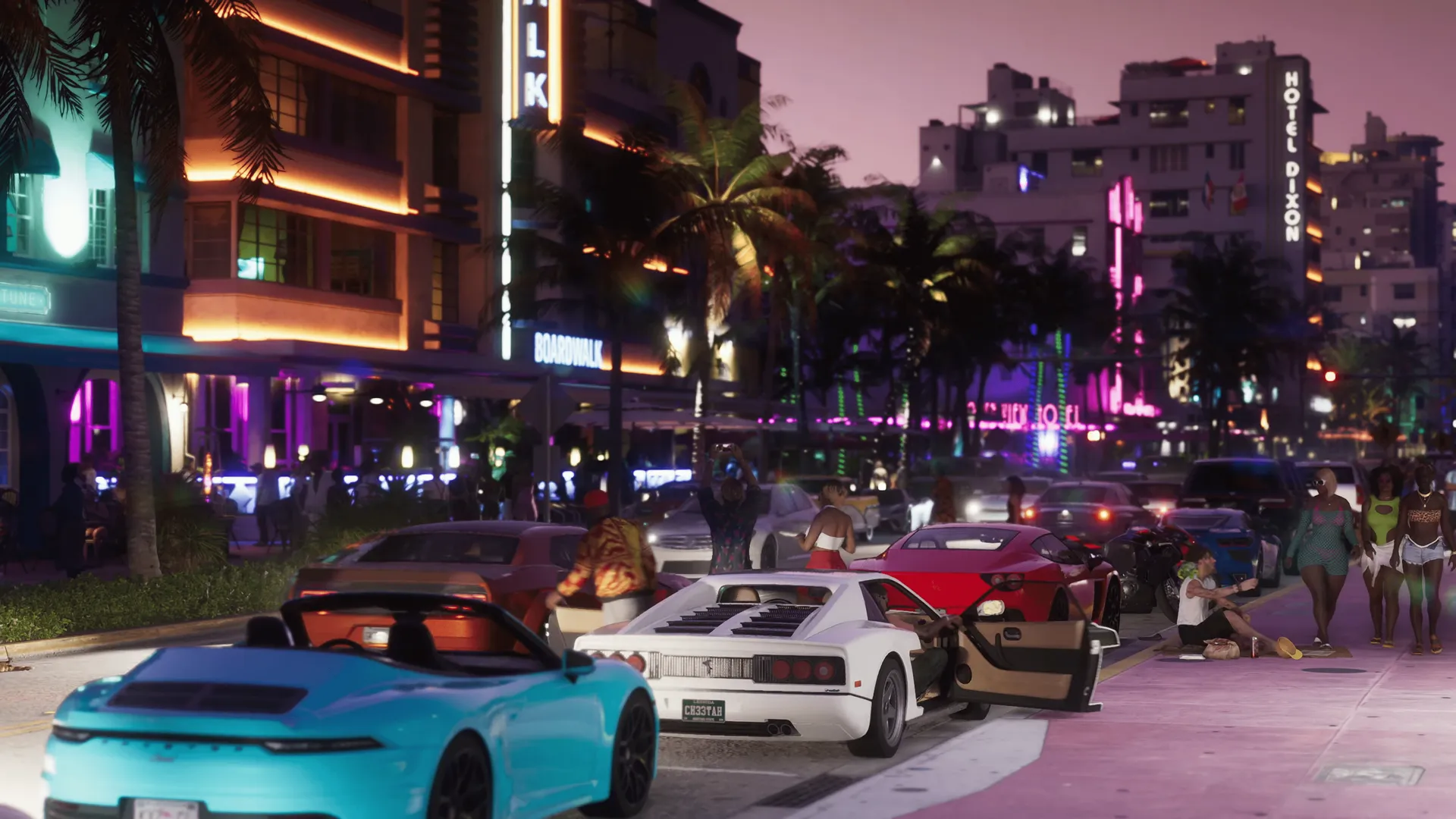 Concept art: classic and modern cars along a neon beach boulevard