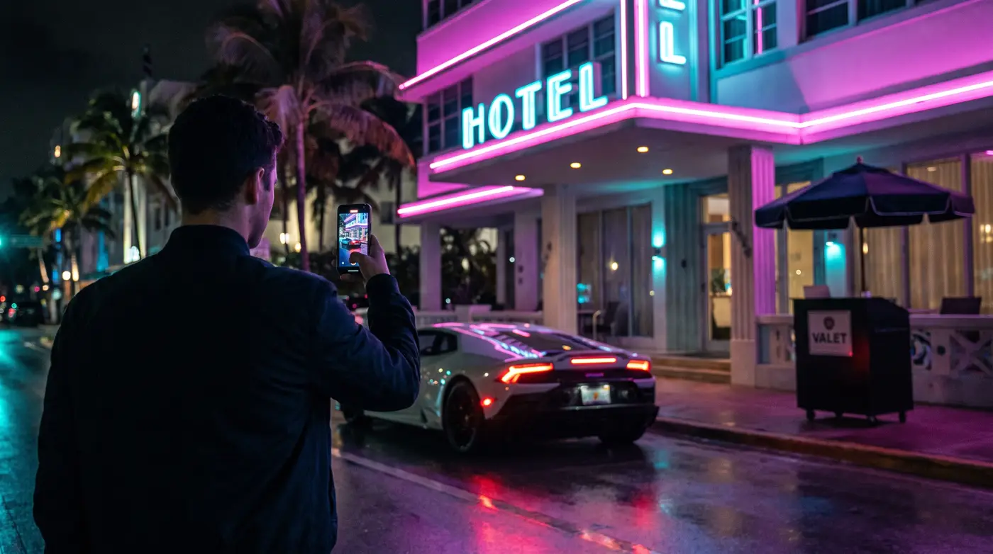 Concept art: a creator films a parked sports car outside a hotel at night